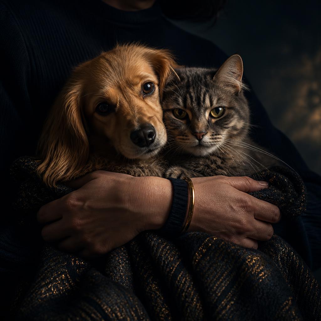 Manos sosteniendo con cuidado a un perro y un gato en un retrato editorial oscuro